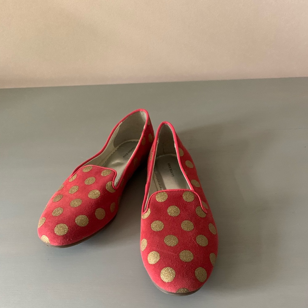 Geranium + gold dotted Lands’ End ballet flat.
